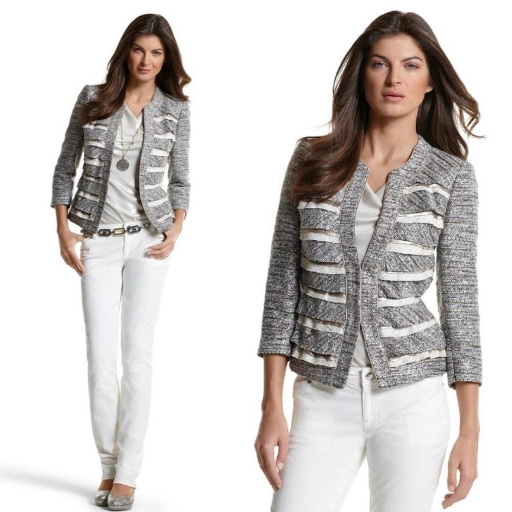White House Black Market Jacket Womens 00 Gray Tweed Metallic Tiered Classic​